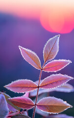 lose Up of Dew Covered Leaves with Soft Purple and Pink Blurred Background