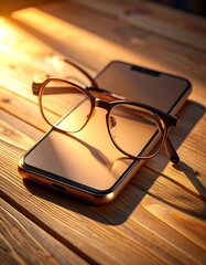 A smartphone rests on a wooden surface, with eyeglasses positioned beside it, bathed in warm sunlight.