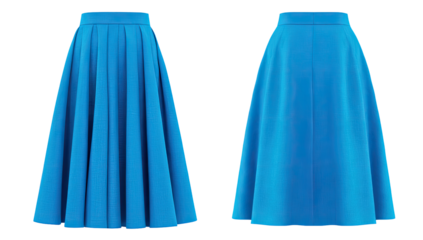 A vibrant blue midi skirt, front and back views.  Pleated, A-line silhouette