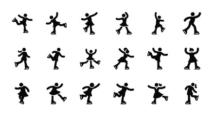 Naklejka premium Solid black silhouette sports icon set - figure skater icons isolated on white background