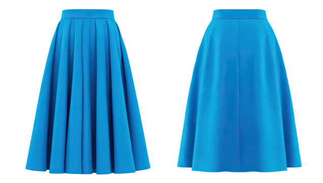 A vibrant blue midi skirt, front and back views.  Pleated, A-line silhouette