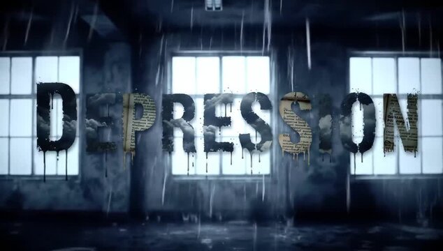 Depression Visualized &ndash; Dark Text, Tear Marks, Storm Clouds, and Rainy Windows Depicting Emotional Struggle and Mental Health

