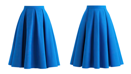 Two identical, vibrant royal blue midi skirts with pleated, full, flared silhouettes