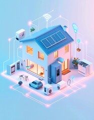 A modern smart home with connected devices, showcasing energy efficiency and automation.