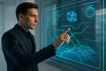 Modern businessman interacting with futuristic interface for innovative technology solutions and digital transformation