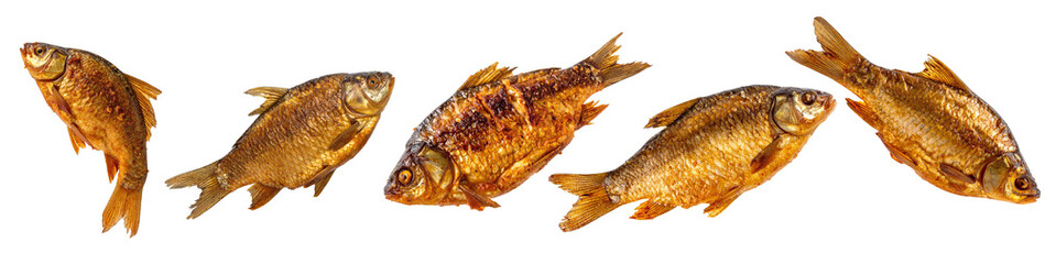 Five smoked golden carp fish isolated on transparent background