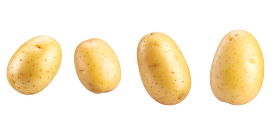Four raw potatoes rotating on transparent background