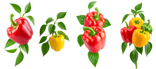 Fresh red and yellow bell peppers with green leaves on transparent background