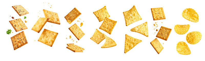 Crunchy crackers, chips, and tortilla chips falling on transparent background