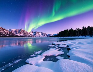 Aurora borealis over frozen lake