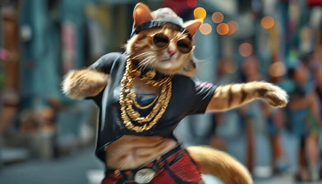 Cool ginger cat energetically dancing on the street.