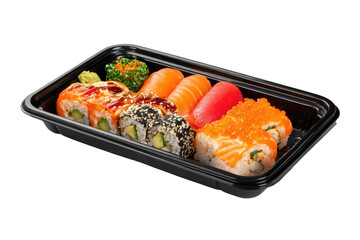 Assorted sushi assortment in black takeout container