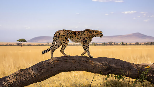 Majestic cheetah walking on a fallen tree trunk in the african savannah