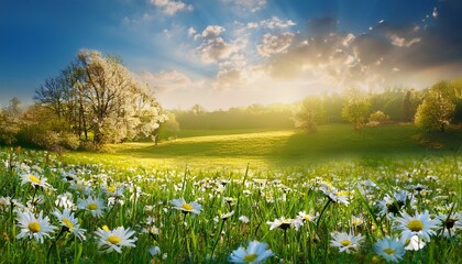 reawakening of nature spring meadow adorned with delicate blossoms of flora stirring of fauna from their slumber and invigorating aura of rejuvenation and vivacity that accompanies this bountiful s