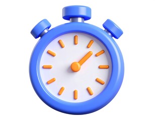 3D render of a shiny blue cartoon stopwatch with an orange button. The white clock face symbolizes time management and deadlines.