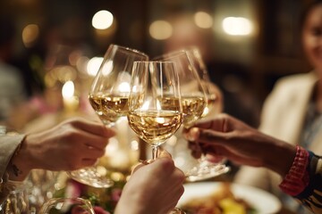 Close-Up of Hands Toasting with White Wine Glasses at Elegant Paris Hotel Bar Party