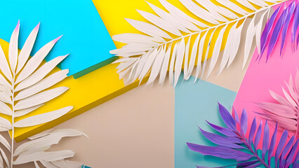 Obraz premium Creative summer concept with surreal painted tropical palm leaves on a vibrant, multicolor geometric background.