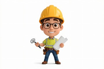 Cartoon engineer holding blueprints, tools, white background