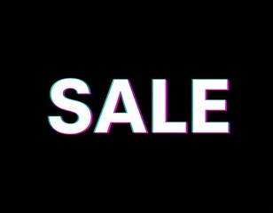 Bold white "SALE" text on black background with a vibrant glitch effect