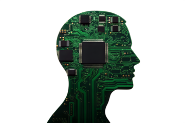 AI Brain Concept Human Head Silhouette Integrated with Futuristic Green Circuit Board and Microchips Symbolizing Advanced Technology and Intelligence