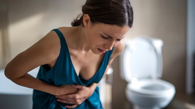 Woman in teal dress experiences intense stomach pain, bending over in bathroom near toilet, depicting physical discomfort and illness
