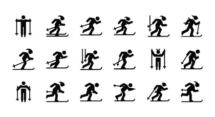 Fototapeta premium Solid black silhouette sports icon set - assortment of black icons illustrating skiers in various poses and actions, isolated on white background
