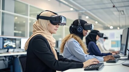 Dynamic team collaborating in virtual reality for innovative solutions in modern office space with advanced technology and diverse backgrounds - Powered by Adobe