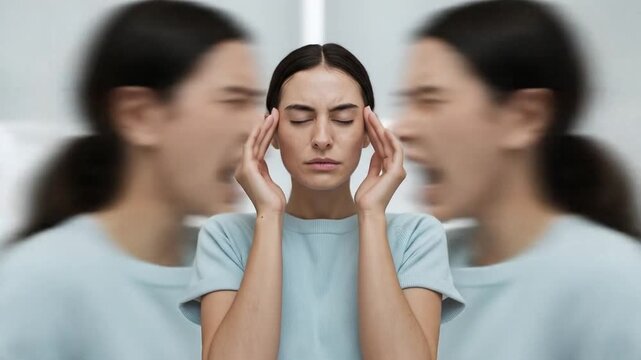 Woman experiencing intense stress, shown with blurred, angry self in background, symbolizing inner turmoil, anxiety, and mental health struggle