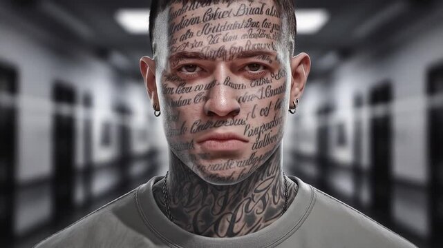 Close-up of a tattooed man's face, script tattoos covering his face and neck, in a blurred industrial setting, suggesting themes of identity, expression, and confinement