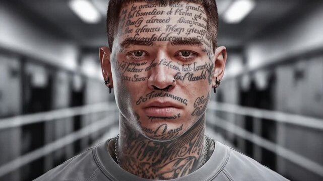 Close-up of tattooed man's face, text covering skin, grey sweatshirt, blurred background suggesting confinement, exploring themes of identity, expression, and societal constraints