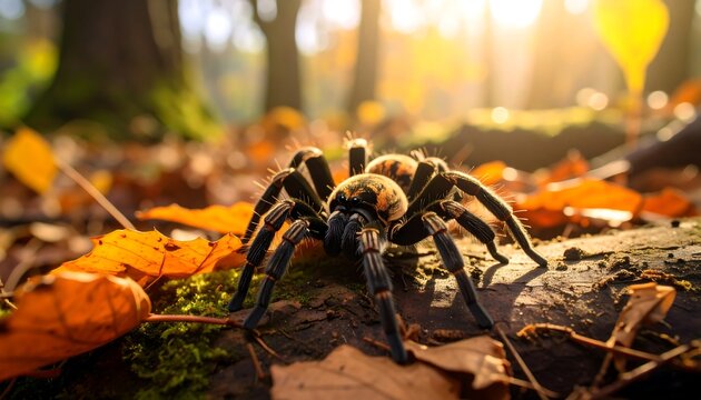 Close-up spider on autumn log