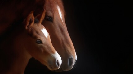 Fototapeta premium A close-up of a horse and its foal in a dark setting. This image captures their gentle features and bond. It conveys warmth and love between mother and child. AI