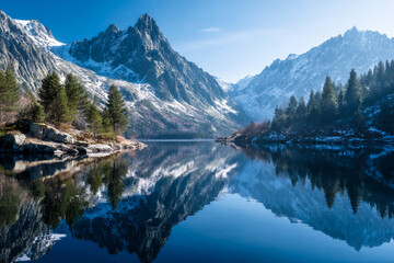 Fototapeta premium Mountain landscape with reflection in the lake.