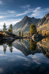 Obraz premium Mountain landscape with reflection in the lake.