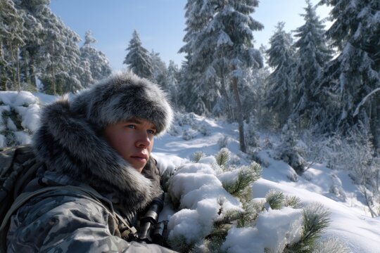 Man in taiga: hunting path, wild forest, stealth motion, frost air, quiet stalk, predator gaze, woodland echo, snow trace, rugged coat, sharp aim, remote silence, northern spirit - Powered by Adobe