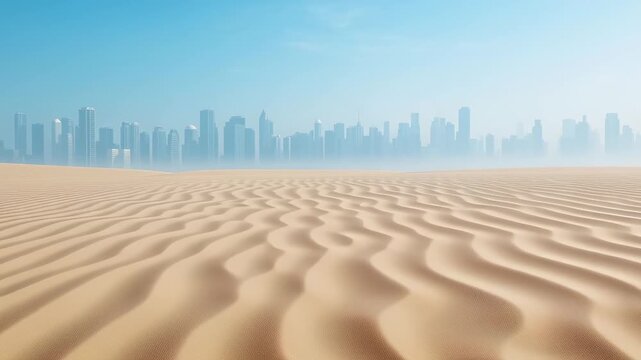 Expansive desert landscape with rippled sand dunes in foreground, modern city skyline emerging through misty blue horizon. Contrast between natural terrain and urban development.