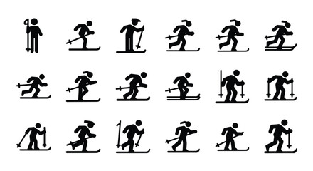 Solid black silhouette sports icon set  -  set of skiing icons, depicting winter sports and mountain activities, isolated on white background