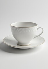 Elegant white teacup and saucer with gold trim