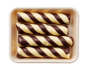 Chocolate-covered swirl sticks in a tray