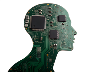 Conceptualizing the fusion of human intellect with advanced electronic circuitry, representing the innovative convergence of AI and the human mind.