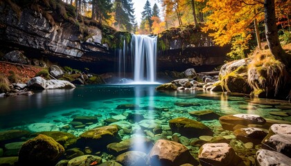 Obraz premium Majestic waterfall flowing into a crystal-clear turquoise pool surrounded by vibrant autumn trees and mossy rocks.