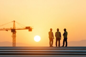 Construction workers at sunset on industrial site