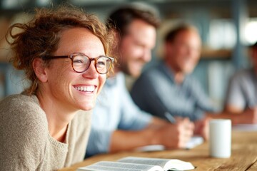 Joyful Woman Laughing in Study Group