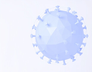 Non-realistic 3D virus with polygonal geometric surface, soft pastel colors (light blue, lavender)