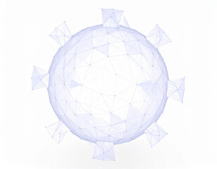 Non-realistic 3D virus with polygonal geometric surface, soft pastel colors (light blue, lavender)