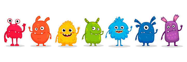 set of cartoon monsters. Cute monster in flat style. Kids funny character design for posters, cards, magazins. Rainbow monsters.