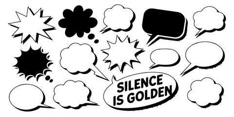 Engaging collection of comic style speech bubbles with "silence is golden" text, isolated on transparent background