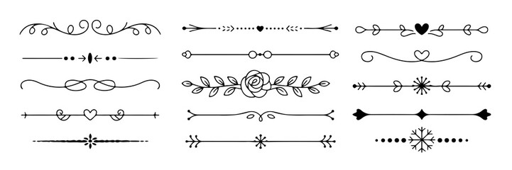 Elegant decorative dividers in vector format featuring floral, heart, and geometric elements on transparent background