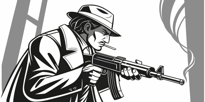 black and white gangster aiming gun clip art preview