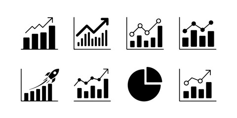 Dynamic collection of statistical charts and graphic illustrations showcasing growth and success on transparent background